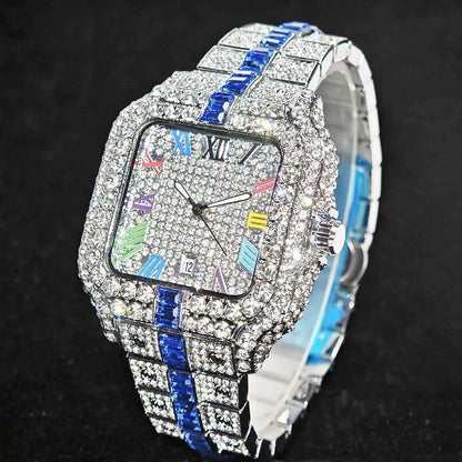 Hot Sale Blue Iced Watch For Man Fashion Colorful Roman Literal Quartz Watch Hip Hop Diamond Jewelry Square Wrist Watch Men Gift