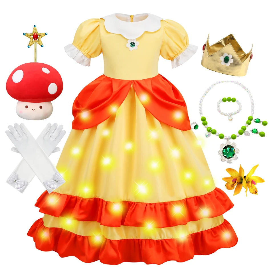 Game Princess Daisy Cosplay Costume Girls Cute Lolita LED Light Flashing Dress Fancy Halloween Carnival Wig Uniforms Clothing