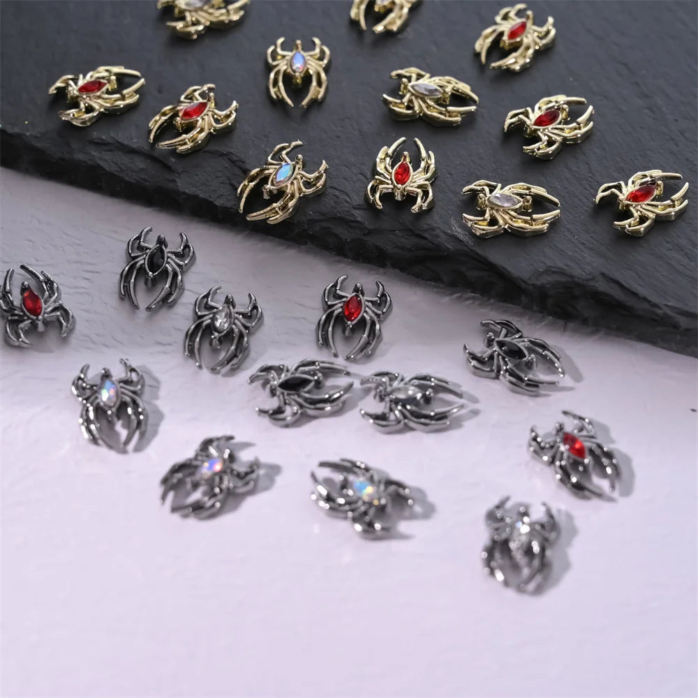 10pcs Halloween Spider Rhinestone 3D Alloy Retro Punk Spider Nail Charms Halloween Nail Art Jewelry Gems for Manicure Decoration