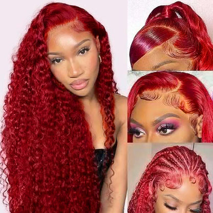 Red Wigs for Women Long Curly Wavy Wig Side Part Heat Resistant for Halloween Costume Cosplay Use HD Lace Front Wigs Human Hair