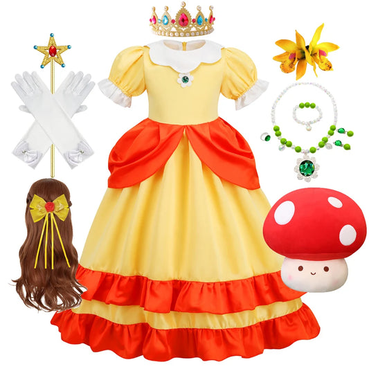 Game Princess Daisy Cosplay Costume Girls Cute Lolita LED Light Flashing Dress Fancy Halloween Carnival Wig Uniforms Clothing