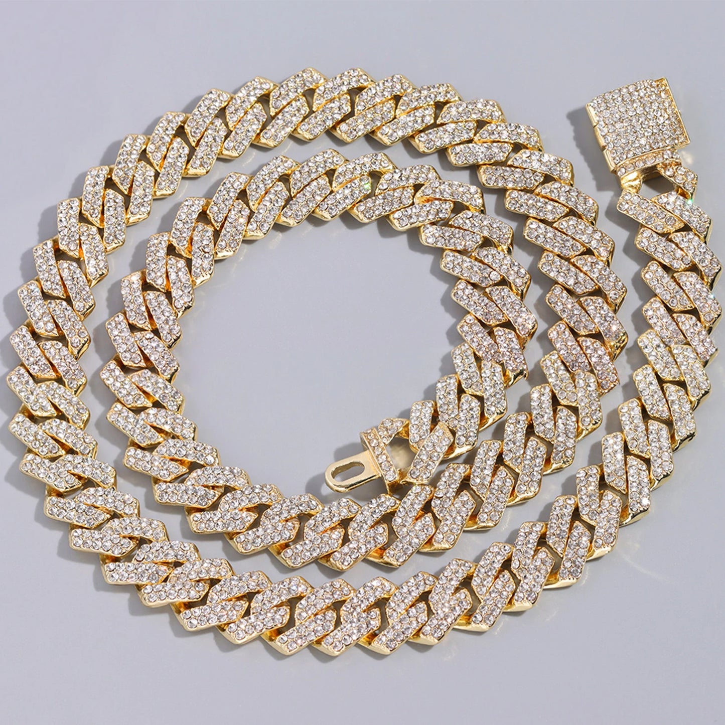 Iced Out Bling AAA Rhinestones Prong Cuban Link Chain Men's Necklace 2 Row Crystal Curb Cuban Chain Hip Hop Jewelry 13/14/20MM