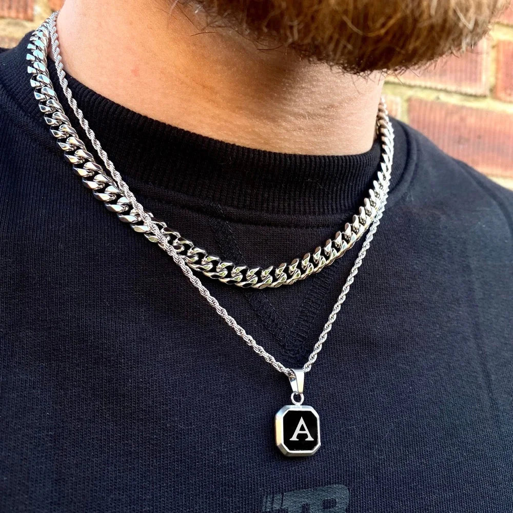 Vnox A-Z Initial Letters Men Necklaces, Geometric Pendant with Box Cuban Rope Chain, Stainless Steel Square Simple Collar