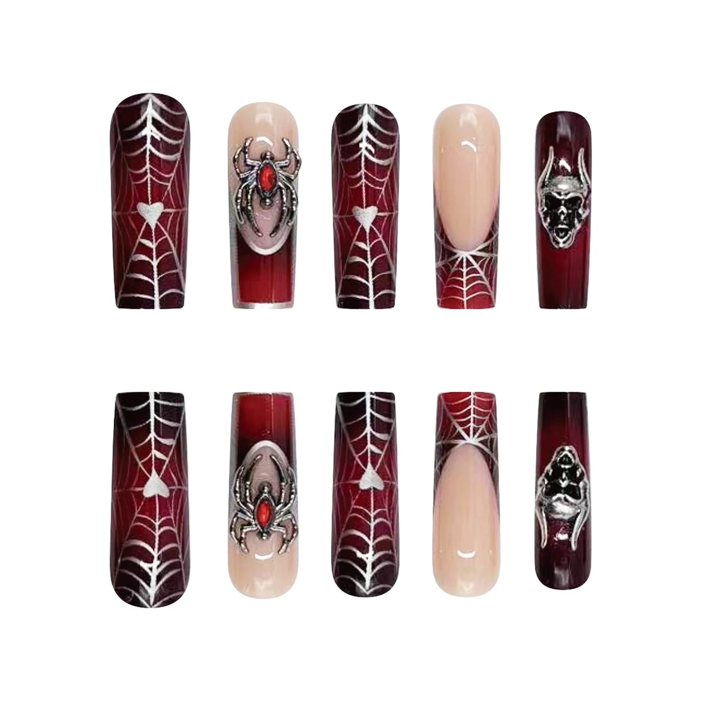 24pcs Punk Metal Style Halloween Fake Nails Long Press On Nails With 3D Silver Spider Decor Ballerina Spider Web False Nails Art