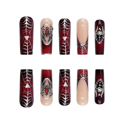24pcs Punk Metal Style Halloween Fake Nails Long Press On Nails With 3D Silver Spider Decor Ballerina Spider Web False Nails Art