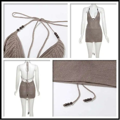 Townlike Slim Bodycon Knitted Dress Women Halter Mini 2024 Summer Dress Hollow Out V Neck Backless Sexy Party Dresses