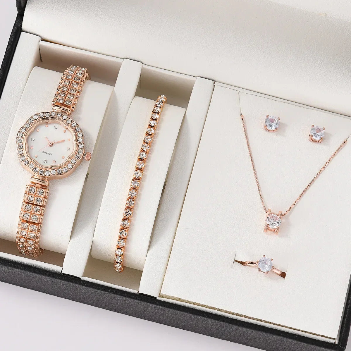 6pcs/set Jewelry Sets Women Quartz Watch Luxury with Stainless Steel Strap Clock Rhinestone Ring Necklace Earrings (no Box)