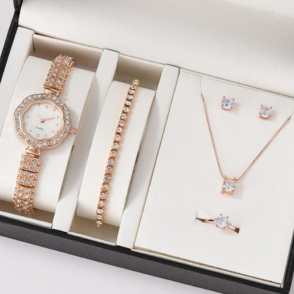 6pcs/set Jewelry Sets Women Quartz Watch Luxury with Stainless Steel Strap Clock Rhinestone Ring Necklace Earrings (no Box)
