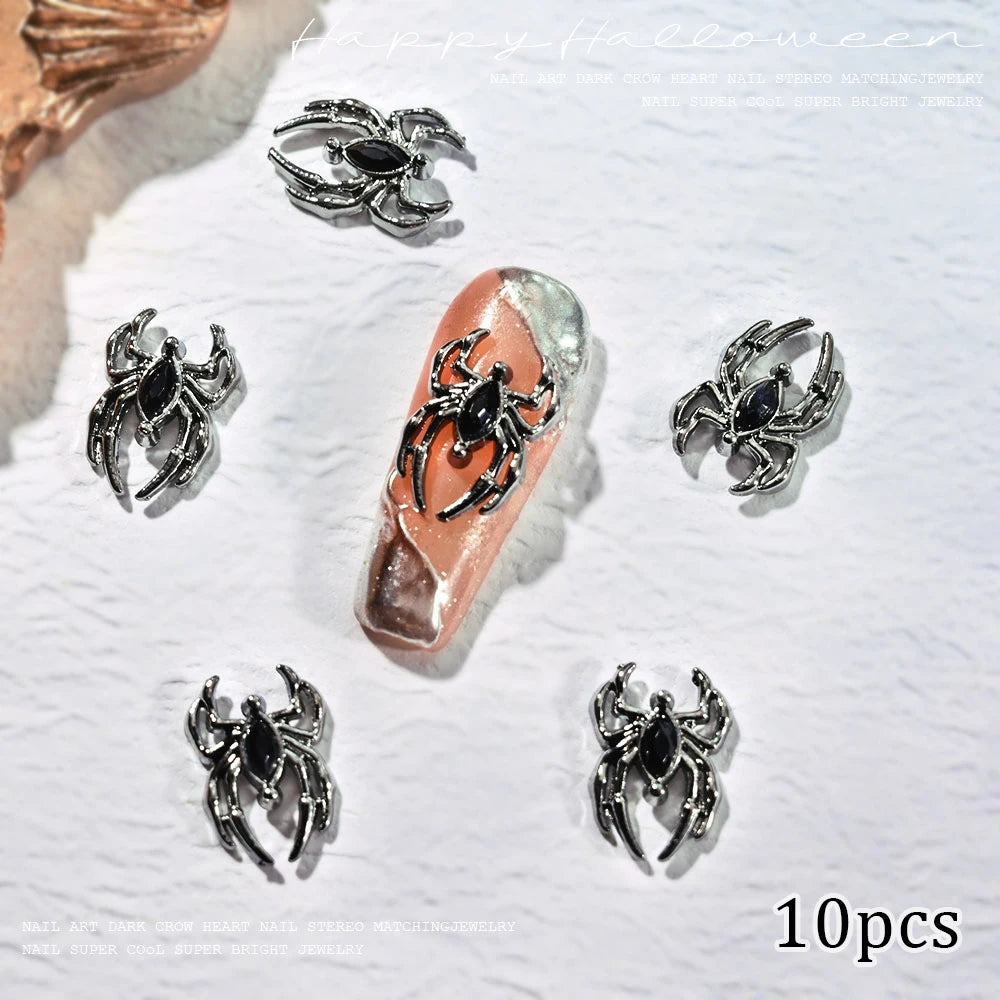 10pcs Halloween Spider Rhinestone 3D Alloy Retro Punk Spider Nail Charms Halloween Nail Art Jewelry Gems for Manicure Decoration