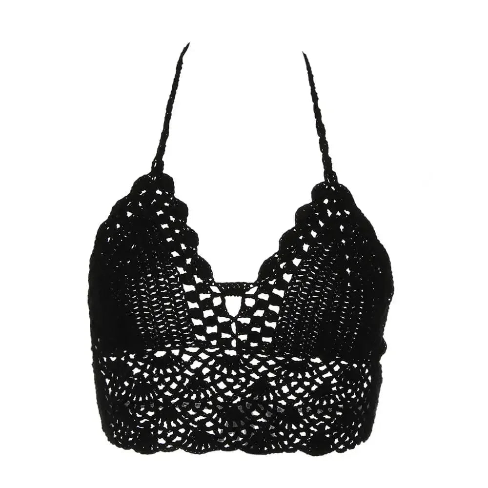 New Sexy Bikini Crop Top Crochet Boho Beach Camisoles Bikini Bralette Halter Cami Knitted Bra Women Backless Beachwear Tank Top
