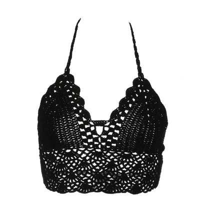 New Sexy Bikini Crop Top Crochet Boho Beach Camisoles Bikini Bralette Halter Cami Knitted Bra Women Backless Beachwear Tank Top