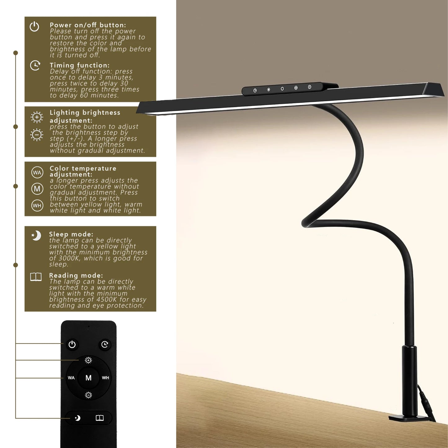 Desk Lamp, 3 Colors Stepless Dimming LED Desk Lamps for Home Office Adjustable Memory Desk Light with Clamp Touch/Remote Control