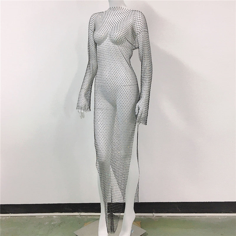 Women's Mesh Rhinestone Fishnet Sexy Slit Fishnet Dress