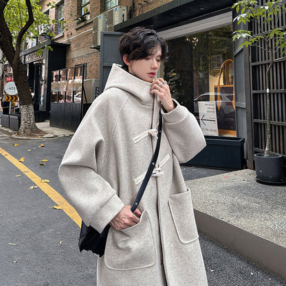 High-grade Woolen Horn Button Hooded Coat Mid-length