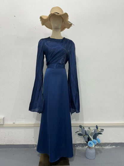 Elegant Summer Sleeve Contrast Chiffon & Satin Maxi Dress With Flared Cuffs - Slim Fit Long Dress For Women