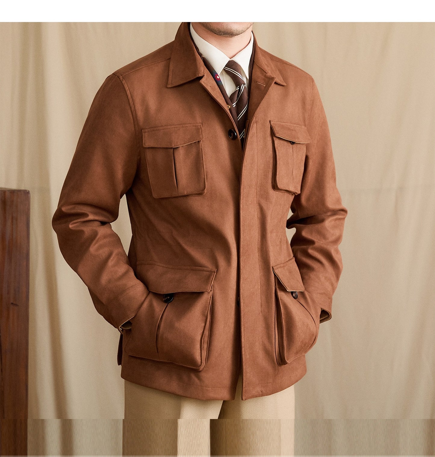 Suede Lapel Slim-fit Waist Safari Jacket