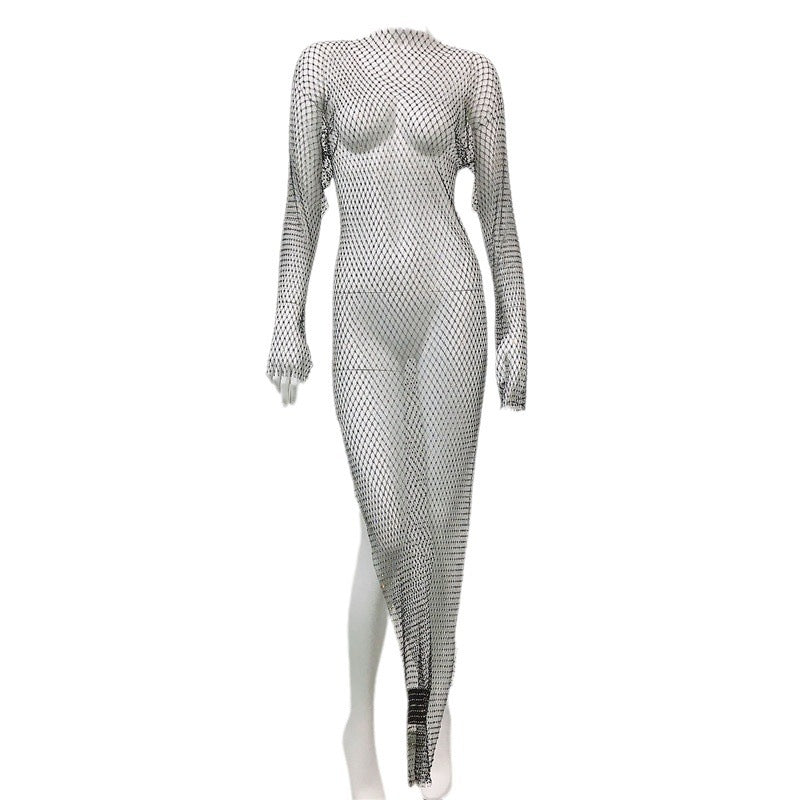 Women's Mesh Rhinestone Fishnet Sexy Slit Fishnet Dress