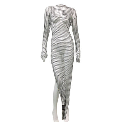 Women's Mesh Rhinestone Fishnet Sexy Slit Fishnet Dress