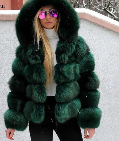 Women's Minimalist Hooded Patchwork Fur Grass Jacket