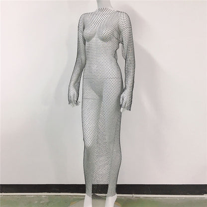 Women's Mesh Rhinestone Fishnet Sexy Slit Fishnet Dress