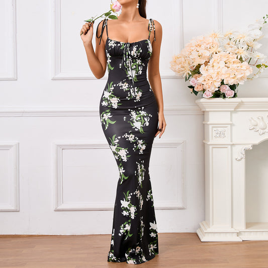 Floral Ruffle Back Tie Halter Maxi Bodycon Mermaid Dress with Multiple Patterns