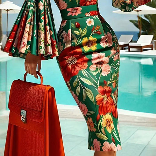 Women's Floral Print Round Neck Bodycon Dress Vibrant Red &amp; Green Fit Flare Summer Dress With Bell Sleeves
