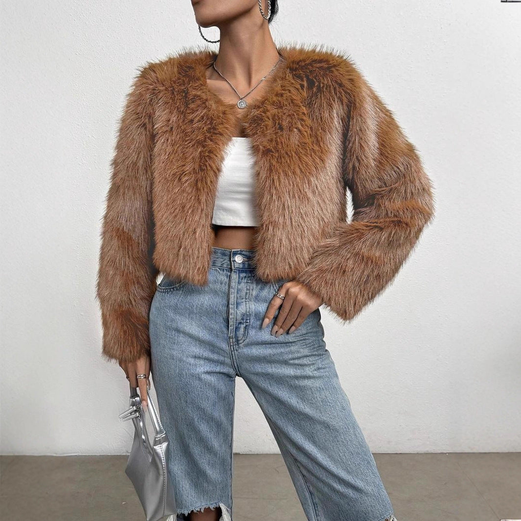 Fox Fur Fashion Thick Warm Long Sleeves Short Coat