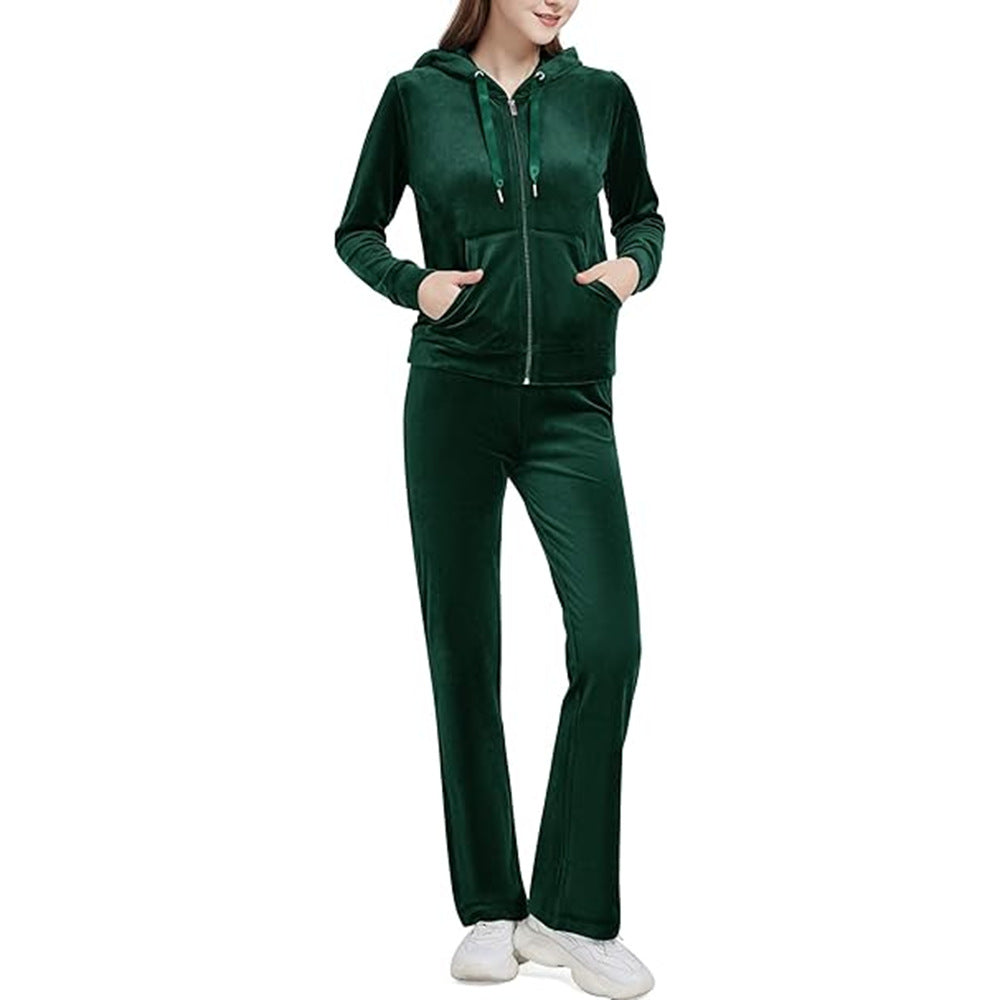 Gold Velvet Zipper Solid Color Hooded Sweater Wide Leg Pants Two-Piece Set