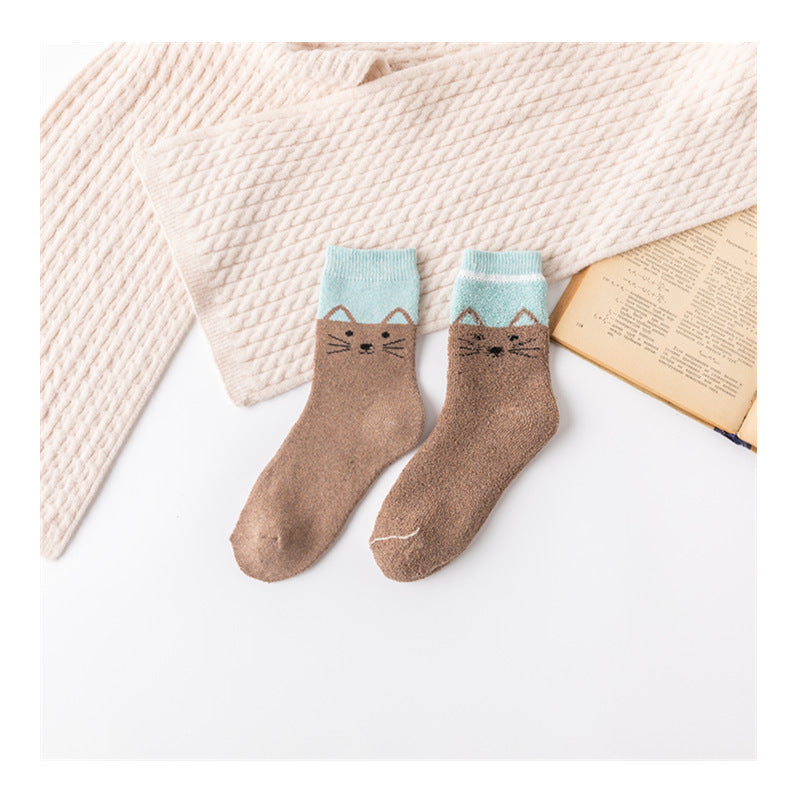 All-match Cartoon Winter Thicken Thermal Cat Terry Women's Mid-calf Length Sock