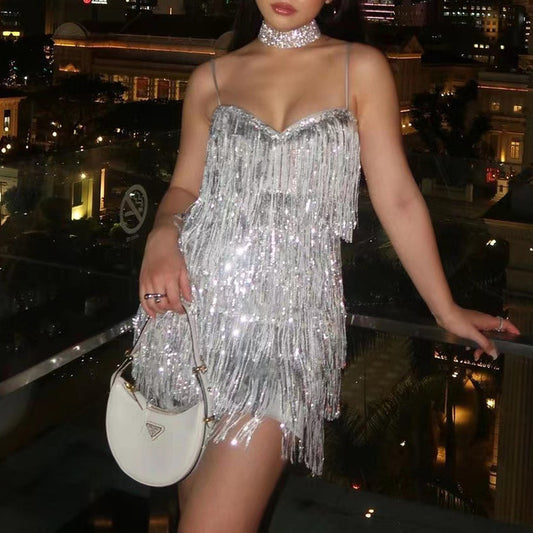 Sheath Sleeveless Sexy Suspenders Sequined Glitter Tassel Dress