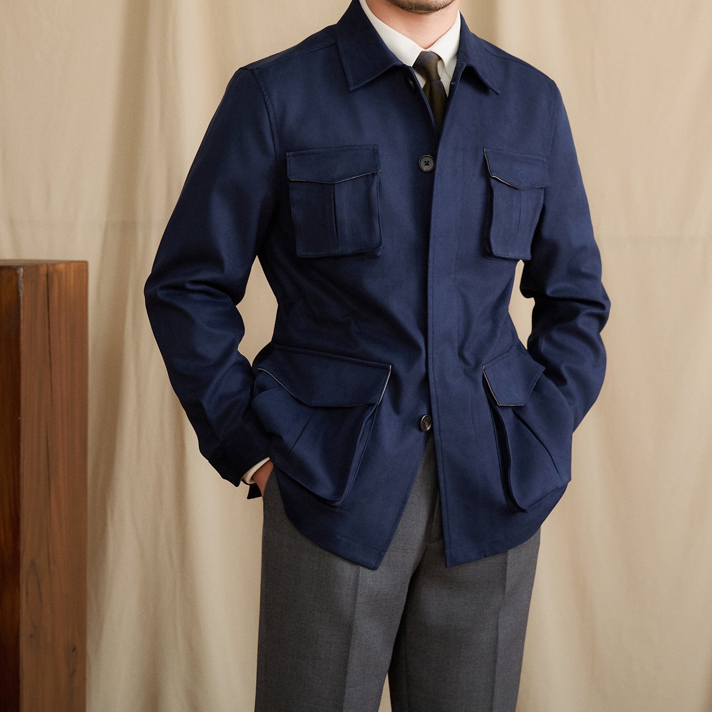 Suede Lapel Slim-fit Waist Safari Jacket