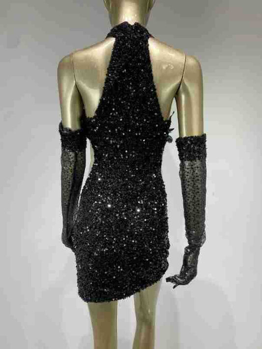 Halter Feather Sequins Short Hip Skirt Dress with Gloves