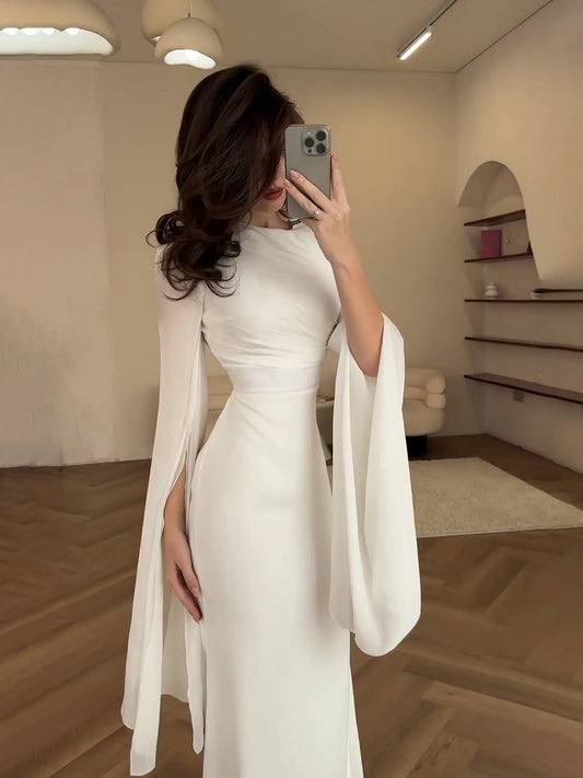 Elegant Summer Sleeve Contrast Chiffon &amp; Satin Maxi Dress With Flared Cuffs - Slim Fit Long Dress For Women
