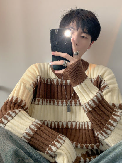 Japanese-style Retro striped contrast color sweater