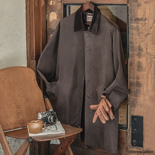 Retro Lapels Waterproof Oil Wax Trench Coat Brown Mid-length British Style Coat For Men Autumn