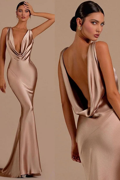 Mermaid Bridesmaid Dresses For Wedding Deep V Neck Satin Prom Dress Long Formal Evening Gowns For Women
