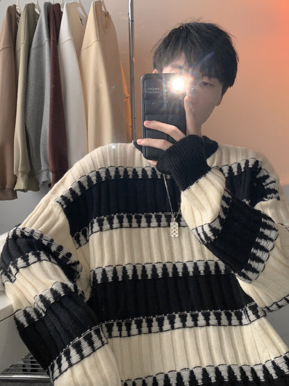 Japanese-style Retro striped contrast color sweater