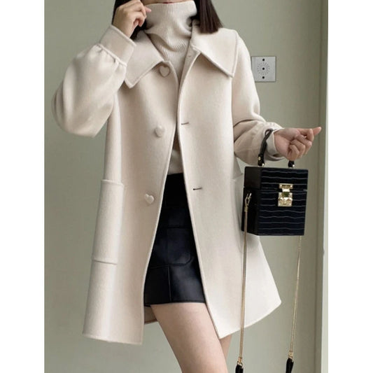 Medium Heart Buckle Slim Fit Woolen Coat Younger Peter Pan Collar Children