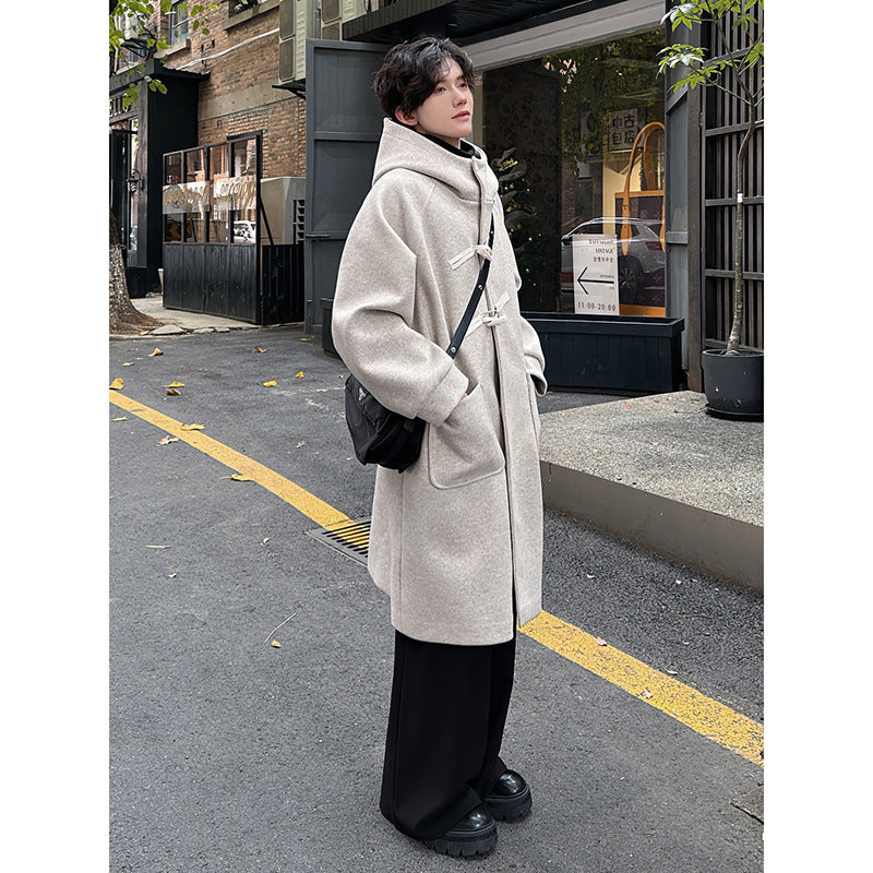 High-grade Woolen Horn Button Hooded Coat Mid-length