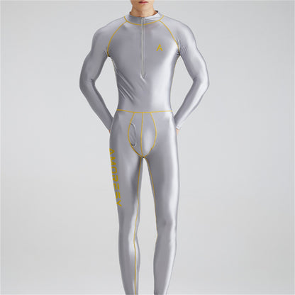 Solid Color Front Zipper Long Sleeve Nine Minute Pants Versatile Jumpsuit